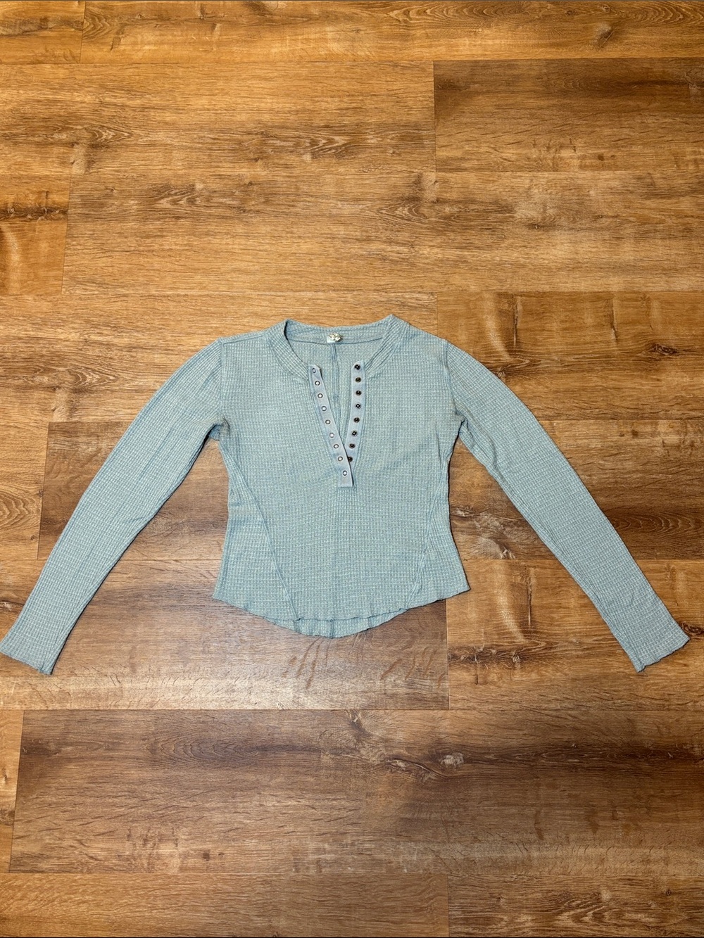 Free People Grey Waffle Henley Long Sleeve Top
